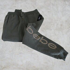 Bebe Sport NWT Olive Green Ladies Joggers with Gold Rhinestone Embellishment